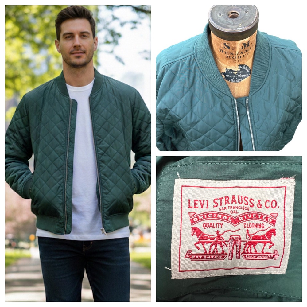 Levis Quilted Bomber Flight Jacket Men XXL Forest Green Diamond Quilt Gorpcore‎